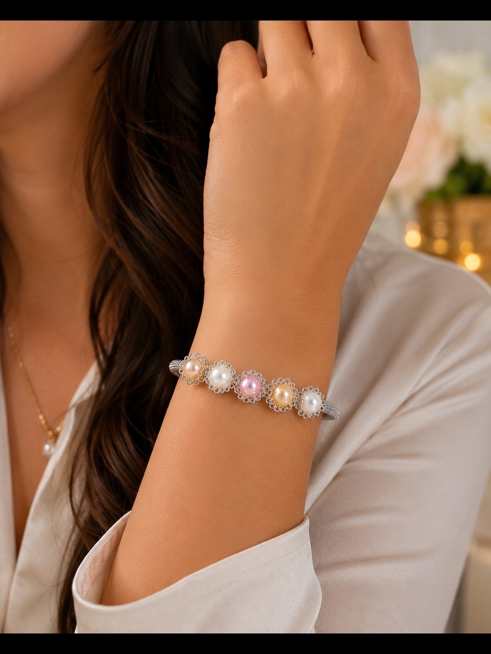 Handcrafted Multicolor Cultured Pearl Floral Cuff Bracelet | Elegant Silver Open